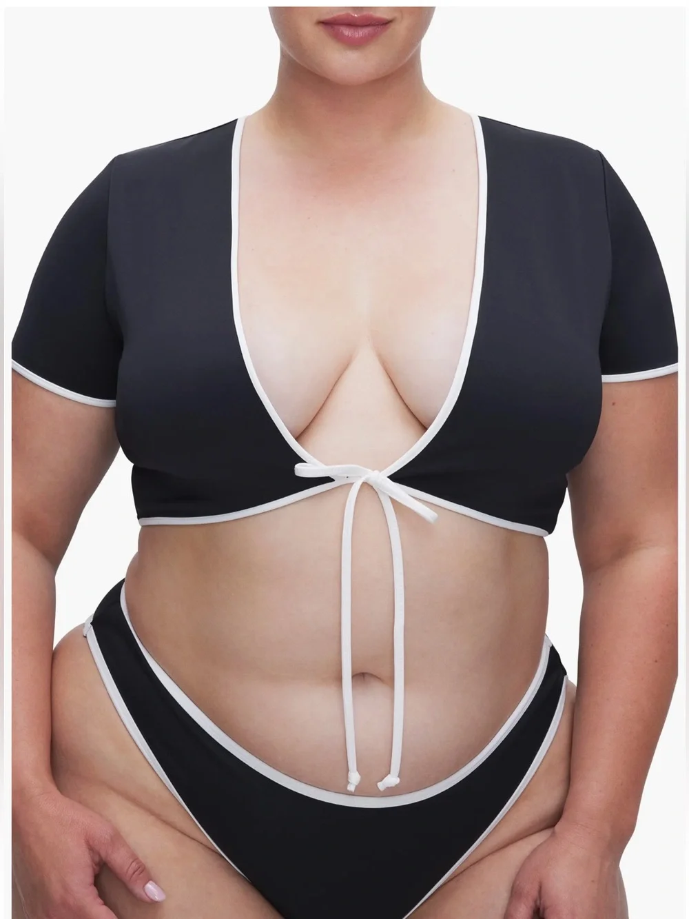 Good American Black Bikini Top with White Trim and Tie Front